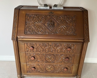 1900's Renaissance Revival Mahogany Slant Front Desk with Lion Motif
