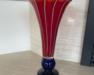 Mid Century Modern Blown Glass Vase - Red with Yellow Stripes, Blue Base
