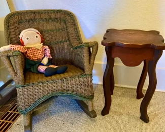 Children’s Wicker Rocking Chair, Dark Wood End Table 