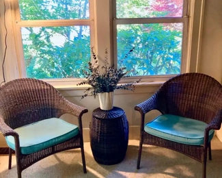 Pair of Dark Wicker Chairs with Cushions