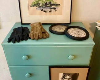 Turquoise 7 Drawer Dresser, Assortment of Artwork, Assortment of Leather Gloves
