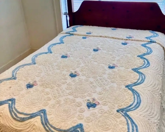 Pencil Post Canopy Bed - Queen Size, Queen Size Chenille Bedspread with Blue Floral Design