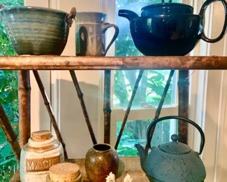 Japanese Turquoise Cast Iron Teapot, Black Ceramic Teapot, Assortment of Pottery