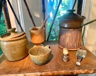 Brown Pottery Canister, Light Brown Salt Glazed Crock, Flower Pinch Pottery Creamer, Wooden Mortar & Pestle