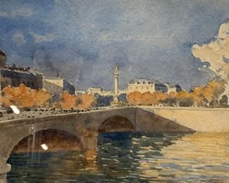 Signed Watercolor Cityscape Painting
