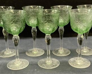 Set 7 Vintage Green to Clear Wine Glasses
