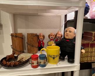 Custom artist and made wooden barbed wire candleholders… Signed by the artist, California pottery dog ashtray… Very cool!, Mikhail Gorbachev published thing because everybody needs that, Fort Worth mug and vintage salt and pepper… As well as Simon on vintage clowns with rubber faces