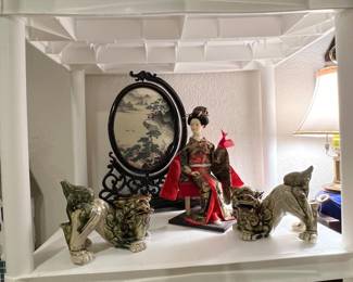 Two foo dogs, beautiful Japanese woman doll and an amazing micro diorama