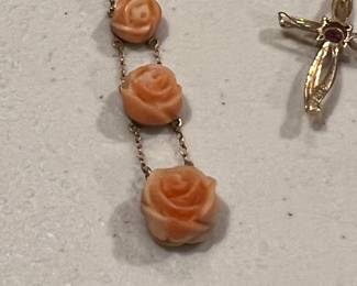 Amazing antique 14k gold & carved corral roses necklace… dated 1915!