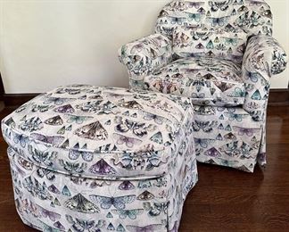 Swivel Rocker Arm Chair And Ottoman Upholstered In Designers Guild's Issoria Velvet - Zinc
