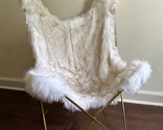 Restoration Hardware Teen Tye Arctic White Mink Exotic Faux Fur Butterfly Chair With Light Aged Brass Base