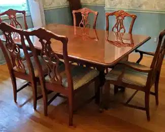 Rectangular Double Pedestal Table w/ Leaf and Six Chairs (includes two captain)