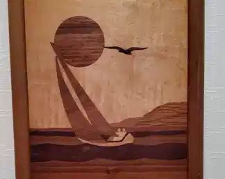 Vintage MCM Wood Inlay Marquetry Sailboat Wall Art