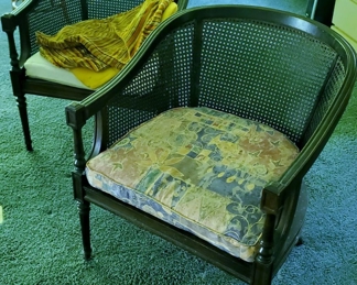 Vintage Ethan Allen Traditional Classics Mid Century Caned Wicker Sided Arm Sitting Barrel Chairs