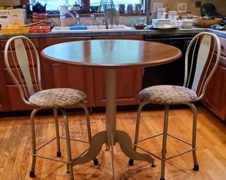 Three piece pub table and two stools w/ metal base set