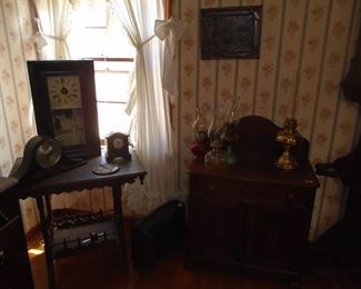 Clocks, Oil lamps, Side tables