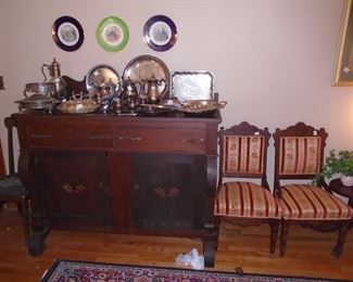 Chairs, Sideboard, Silverplate pieces