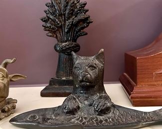 Vintage Bronze Cat with Fish Trinket Holder