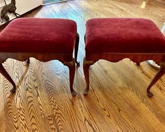 Pair Red Velvet Upholstered Stools with Queen Anne Legs