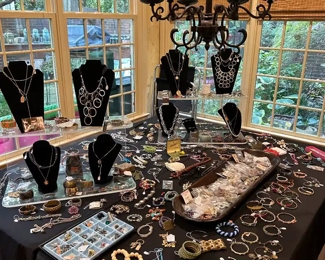 Jewelry...All is costume, no fine gem stones, sterling silver or solid gold.  None the less the less, lots of current trendy/stylist pieces available.