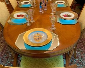 Faberge Plates and Vintage Baccarat Harcourt Empire Glassware (C.1900). Dixon-Powdermaker dining Table and Chairs