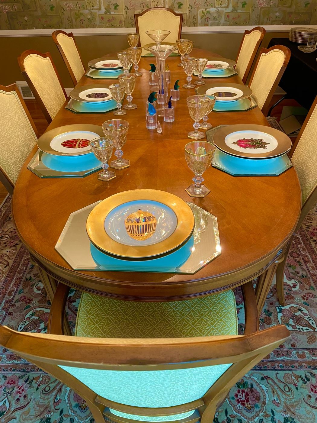 Faberge Plates and Vintage Baccarat Harcourt Empire Glassware (C.1900). Dixon-Powdermaker dining Table and Chairs