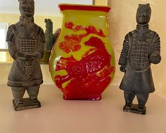Red and Goldenrod Peking Glass Vase (C.1950) and a Pair of Soldiers 