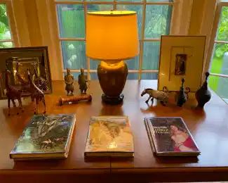 Vintage Danish Table with Self Storing  Leaves,  Brass Lamp, and more...