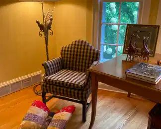(2) Check Occasional chairs, Hand made silk butterfly foot rest with charming parrot lamp, and more....