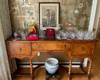 Antique Server, Queen's Lace Whisky Decanter, Society of Coffers (framed), Baccarat Glasses, Waterford Vases, and Peking Glass Vase (Circa 1950), and more...