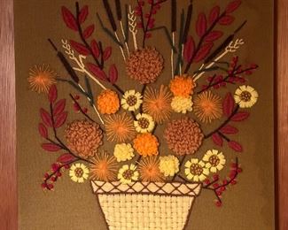 1970's Crewel Embroidery Floral Arrangement Wall Art