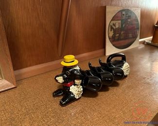 Vintage Tilso Poodle Dog Redware Decanter with Hanging Shot Glasses