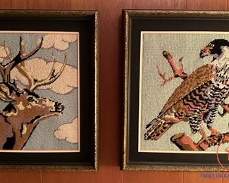 Vintage Stag and Hawk Needlepoint Wall Art