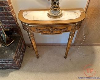 Louis XVI Style Carved Gold Gilt Demilune Console Table with Marble Insert