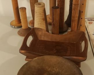 Wooden Bowl and Yarn Spools