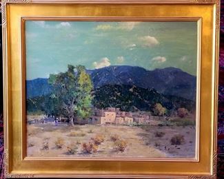 Large 24x30 original oil painting of a New Mexico Pueblo by listed artist Felice Hrovat