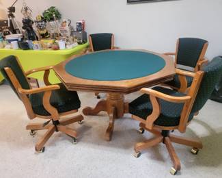 SOLID WOOD PEDESTAL FLIP TOP GAME TABLE WITH 4 CASTER SWIVEL ADJUSTABLE ARM CHAIRS BY WINNERS ONLY