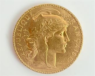 1912 Francs French 20 Rooster 91.6% Gold Coin, 6.4 Grams

