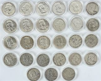 37 1948-1963 U.S. Franklin 90% Silver Half Dollar Coins: 7 Struck In San Francisco, 5 Struck In Denver
