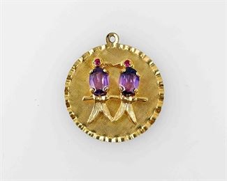 Fine 14K Yellow Gold Amethyst Gemstone Love Bird Charm
