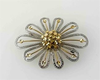 Fine 14K Two Toned Bright Cut Flower Brooch Pendant

