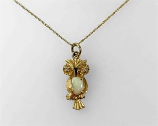 Fine 14K Yellow Gold & Opal Figural Owl Pendant Necklace
