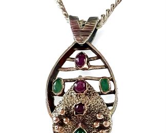Fine Artisan Ruby & Emerald Necklace in Sterling Silver & 8k (333) Yellow Gold.
