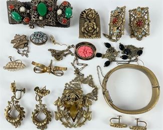 Antique Victorian Gold Filled Jewelry: Gemstone Bracelet, Glass Beads, Mosaic Brooch
