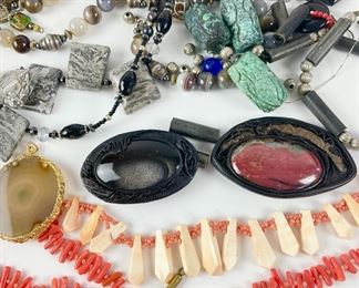 Vintage Gemstone Agate Jewelry Lot: Coral Branch Necklace, Agate Slice, Hematite
