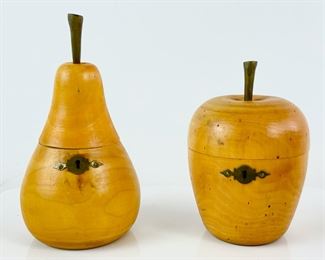 2 Vintage Hen Feathers Pennsylvania Turned Wood T Folk Art Carved Apple Pear Tea Caddy
