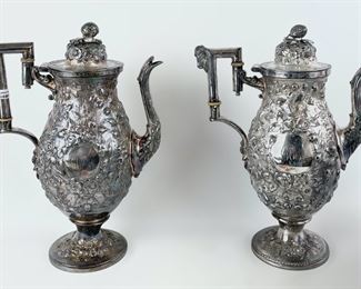 2 Tall Antique Silver Ornate Repousse Ramshead Tea Pots 2620 Grams

