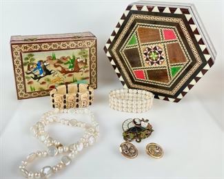 Vintage Jewelry Lot: Genuine Pearl Necklace, Agate Clip On Earrings, Carved Bone Cat Bracelet & Inlaid Wooden Painted Trinket Boxes
