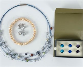 Genuine Pearl Jewelry Lot: Pierced Earrings, Bracelet, Multi Strand Necklace
