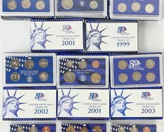 11 1999-2003 United States Mint Proof Sets W/ Certificate Of Authenticity
